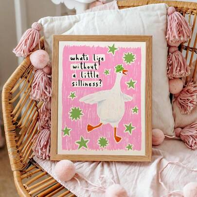 1pc Funny Goose Wall Art Paintings What's Life Without A Little Silliness Quote Print Cute Duck Canvas Poster Whimsical Animal Wall Decor For Kids Room Nursery Playroom Unframed/Wooden Hanging Scroll