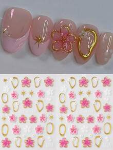 2 pièces Autocollants d'art pour ongles 5D gaufrés et dorés avec motif de fleurs de cerisier de style français. Fleurs tropicales et pétales pour la décoration des ongles et la manucure - Multicolore - Voir 2