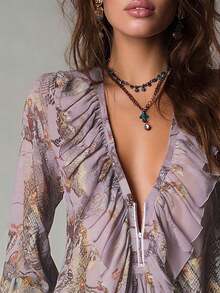 Vintage French Vacation Style Elegant Chiffon Allover Print Deep V-Neck Zipper Ruffle Sleeve Women Blouse Summer - Amarillo - Ver 9