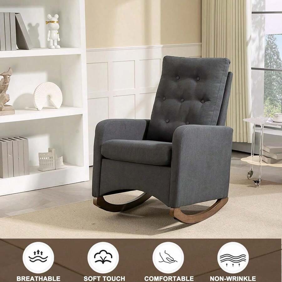 Silla de enfermería cómoda y elegante con estructura de madera de goma y tapicería de peluche respaldo alto para soporte lumbar bolsillo lateral práctico perfecta para sala de estar guardería o dormitorio - Gris - Ver 1