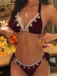 2pcs/Set Set Bikini Kasual Seksi Dekoratif Tema Laut Wanita, Baju Renang Leher Halter Warna Polos untuk Liburan Musim Panas di Pantai - MultiWarna - View 5
