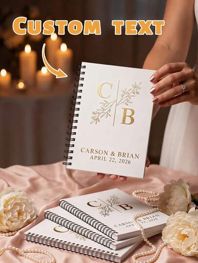 1pc Custom Spiral Notebook,Custom Text,Personalized Gold Foil Leaf Wedding Guest Book Or Journal,Custom Initial & Leaf Spiral Notebook Gold Embossed Wedding Journal For Couple,Personalized Gold Embossed Couple Journal Wedding Keepsake