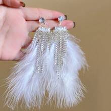 2pcs  Elegant Feather Tassel Earrings - Lightweight Luxurious Fringe Dangle Ear Accessories Suitable For Daily Wear &, Year-Round Feather Earrings - 銀針-銀色 - 查看 2