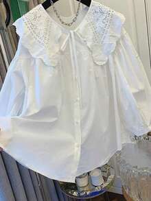 ii Blusa holgada de manga larga y cuello Peter Pan versátil y dulce para mujer, color blanco, para primavera - Blanco - Ver 4