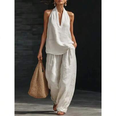 Boho Linen Two Piece Set - Perfect For Beach, Vacation & Brunch! Halter Neck Sleeveless Top Wide Leg Pants Set # TwoPieceSet # LinenSet # WideLegPants # HalterNeck # SummerOutfit # BohoFashion # CasualWear # Outfit Of The Day # WomensFashion