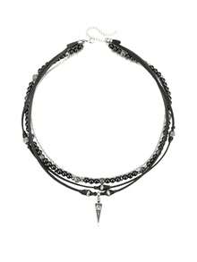 男士黑色多层项链，配有串珠链和三角形吊坠，朋克嘻哈风格，适合日常佩戴 - 黑色 - 查看 7