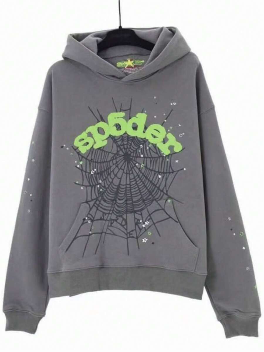 Men's Hip Hop Spider Web Pattern Graphic Alphabet Print Harajuku Vintage Hoodie Long Sleeve Street Wear Top For Both Men And Women Oversized Hoodies,Y2k Hoodies - 灰色 - 查看 1