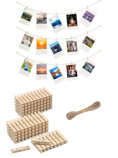 150pcs Natural Wooden Mini Clothespins With Jute Rope - Rustic Photo Clips, DIY Craft Clips, Laundry Hanging Hooks And Wedding Party Favors, Authentic Wooden Feel And Versatile, Can Be Painted For DIY Holiday Decor Clips