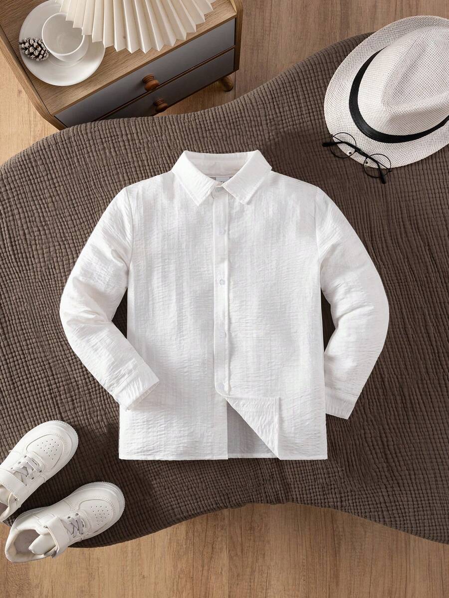 Young BoyClassic Preppy Casual Party Pageboy Pocket Applique White Formal Long Sleeve Shirt - White - View 1