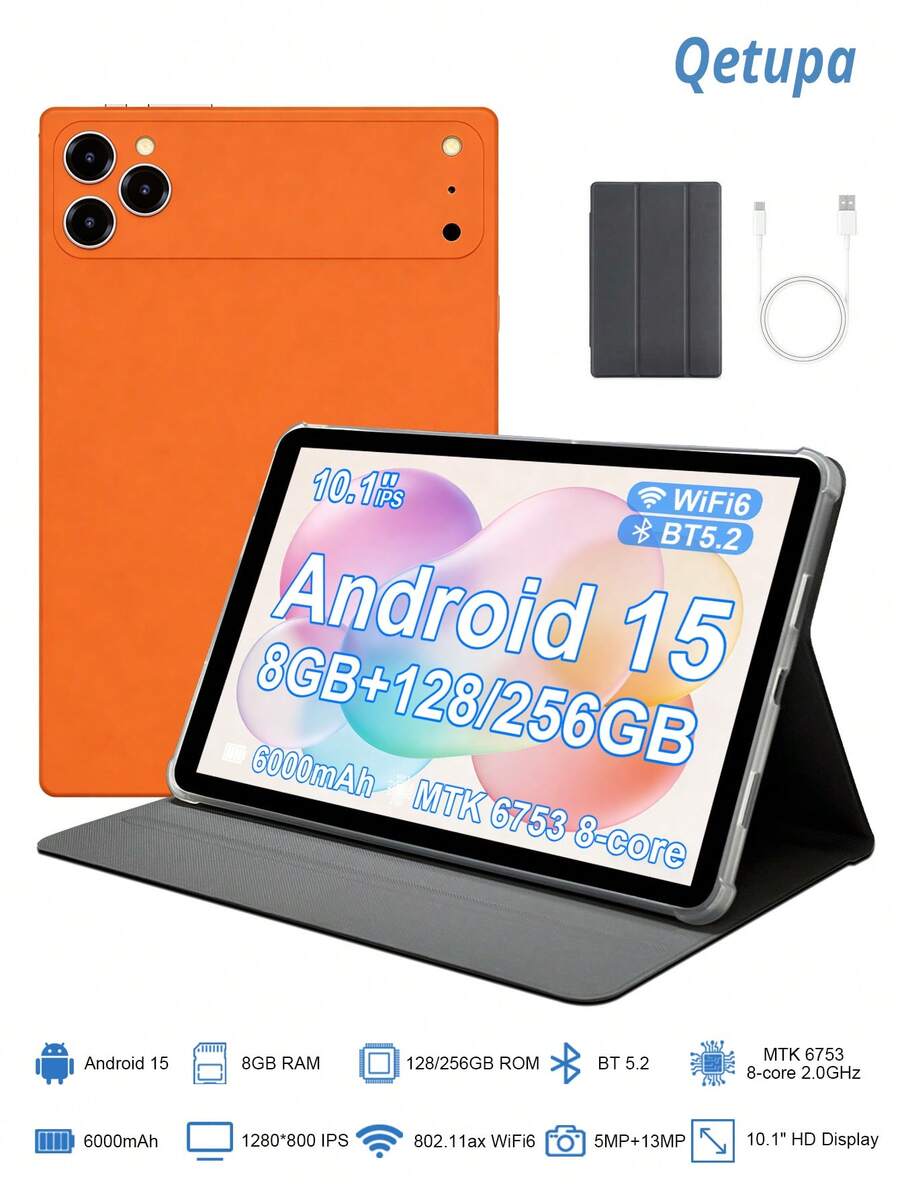 Qetupa 10.1 Inch Android 15 Tablet PC With Protective Case, 8GB RAM + 128/256GB Storage (Expandable To 1TB), MTK6753 Octa-Core 2.0GHz Processor, HD (1280x800) IPS Touchscreen, 5MP Front Camera And 8MP Rear Camera, 6000mAh Battery, Bluetooth 5.2, GPS, Supports 802.11ax Wi-Fi 6, Type-C Charging Port, No SIM Card Support - Orange - View 1