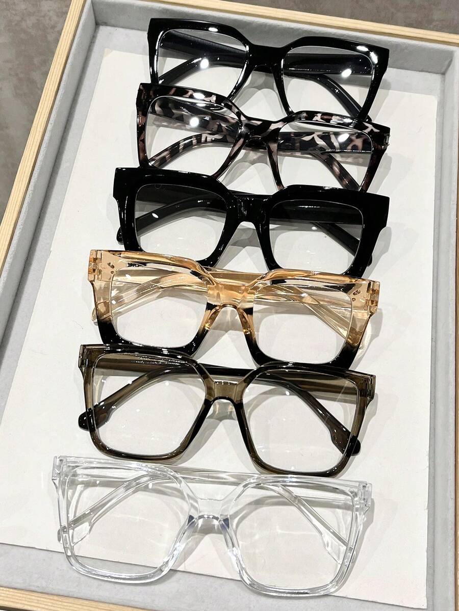 6 piezas Gafas de plástico con marco completo de estilo geométrico multicolor con estampado de leopardo, de estilo moderno y sencillo, para mujer. Adecuadas como regalo, para uso diario, fotografía callejera, festivales musicales, citas y como accesorio de moda, apropiadas para todo tipo de rostros. - transparente - Ver 1