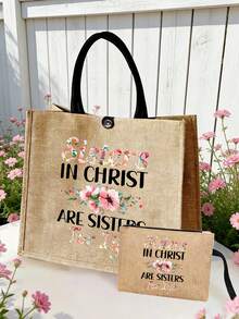 Bolso de lino con estampado de letras "Hermanas en Cristo para Siempre", bolso de mano, bolso de playa, bolso de almacenamiento de viaje, bolso de compras, bolso de cosméticos, bolso de almacenamiento de accesorios, bolso de papelería, bolso de mano del Día de la Diosa, reutilizable, regalo para seres queridos, regalo del Día de la Madre y Día de la Diosa, bolso de regalo personalizado, adecuado para bodas, cumpleaños - Multicolor - Ver 2
