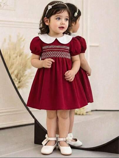 Vestido de niña con cuello Peter Pan de patchwork rojo, estilo vintage de moda para el verano