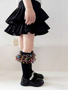 1/3 Pairs Colorful Rainbow Polka Dot Tulle Lace Trim Girls Socks, Black, White, Soft & Comfortable Knee-High Socks, Fashionable & Cute, Suitable For Dancing, Party, Daily Wear, Fits Ages 2-12, Holiday Gift - Multicolor - View 5