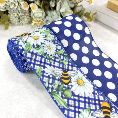 2 Rolls Spring Blue Daisy & Bee Burlap Ribbon, 2.5 Inch X 10 Yards Plaid & Striped Printed Craft Ribbon For Gift Wrapping, Wreath Decor, Spring DIY Crafts
