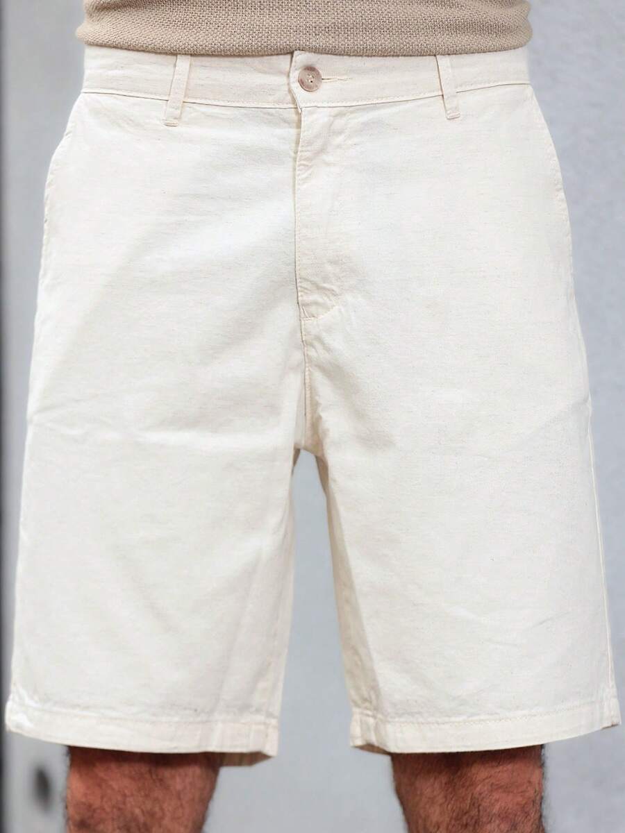 Men's Linen Tailored Bermuda Shorts, Off-White, Casual, Basic Chino Style With Pockets, Summer, Regular Fit, Pocket, Button, Drawstring, Daily, Weekend, Casual, Evening, Going Out, Christmas, Father's Day, Carnival, New Year's - 香檳色 - 查看 1