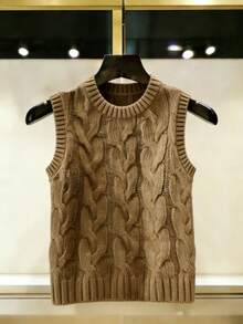 Women's Casual Solid Color Crew Neck Sleeveless Knit Tank Top, Spring/Autumn - Khaki - View 10