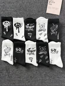 1 Pair/5 Pairs/10 Pairs Random Crew Socks For Men, Black & White Cartoon Ghost Face Design, Creative Stylish Socks, Breathable Comfortable Moisture-Wicking, Suitable For Sports, Casual, Street Style, Daily Wear - Multicolor - View 3