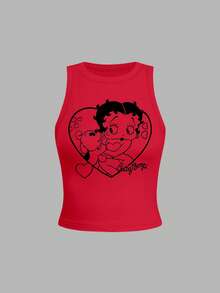 SHEIN X Betty Boop Camiseta sin mangas con estampado de colaboración en rojo - Cómoda y de moda, crea un aspecto vibrante y elegante - Rojo - Ver 3