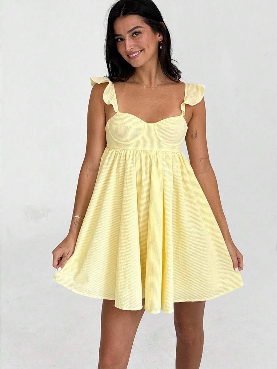 Women Floral Ruffle Strap Babydoll Dress Sleeveless Backless A-Line Summer Mini Sundress - 黃色 - 查看 1
