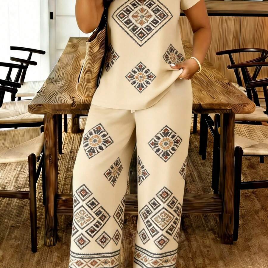 A Set Of Casual Comfortable Woven Fabric Fresh Style Light Green Base Weeping Willow And Duck Print Plus Size Women's V-Neck Short Sleeve Long Pants Set For Daily Leisure, Spring And Summer, Gift Giving - 彩色 - 查看 1