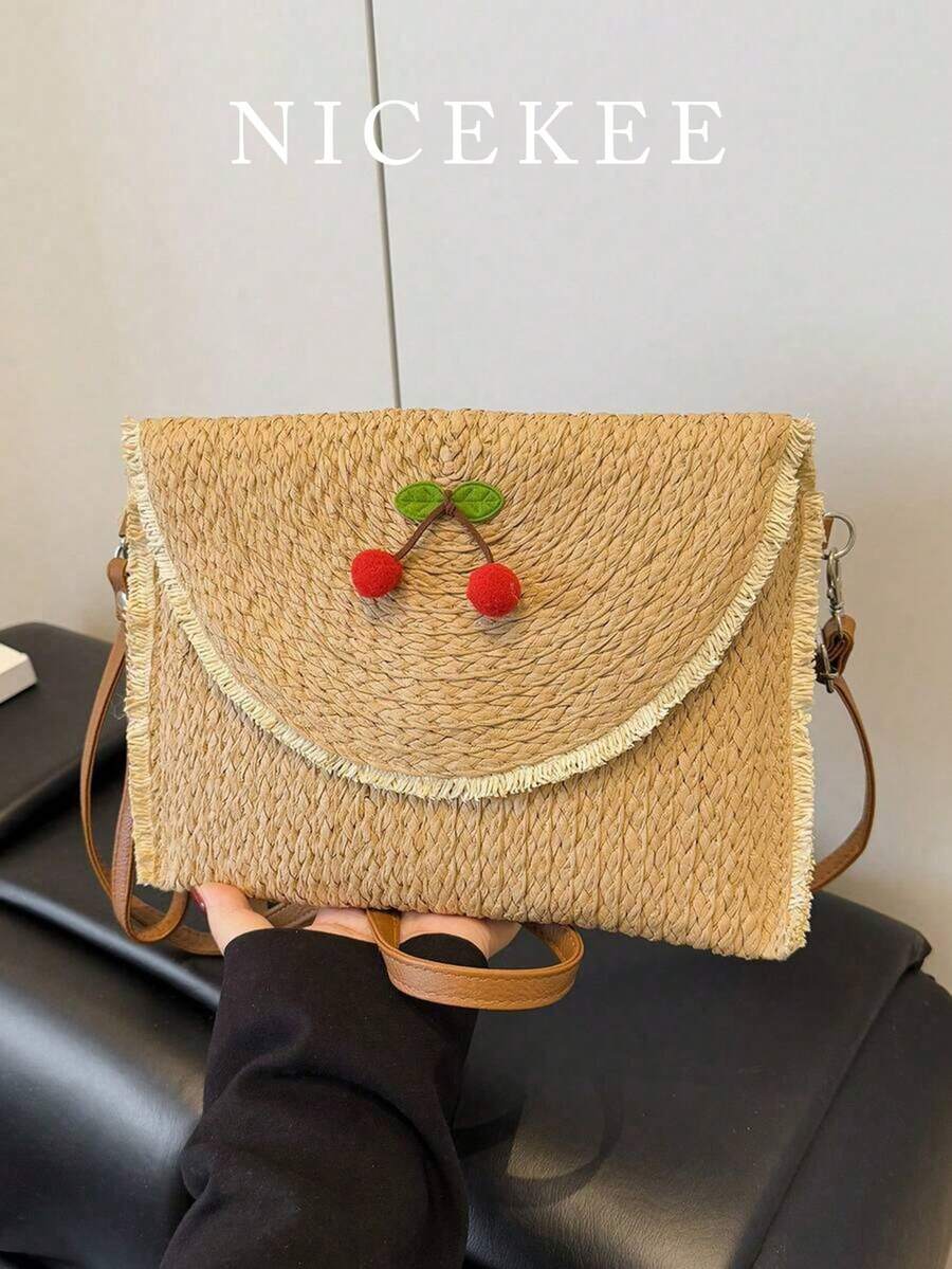 Small Fresh Three-Dimensional Cherry Embellishment Design Shoulder Bag, Raw Edge Design Retro Simple Fashion Versatile Shoulder Bag, Niche Classic Daily Commuter Shoulder Bag, Holiday Style , Suitable For Shopping And Dating. - Khaki - View 1