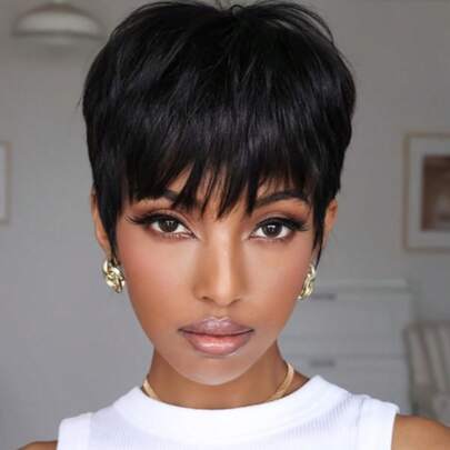 Tóc giả ngắn thẳng, nhiều lớp, dài 6 inch, chất liệu tóc thật Remy Brazil, kiểu tóc pixie ngắn, thích hợp để đội hàng ngày, trông tự nhiên, được làm thủ công hoàn toàn với mũ đội thoáng khí. Tóc giả bob ngắn màu đen tự nhiên.