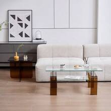 Clear Tempered Glass Coffee Table Living Room Tea Table With Brown Glass Leg - 白色 - 查看 4