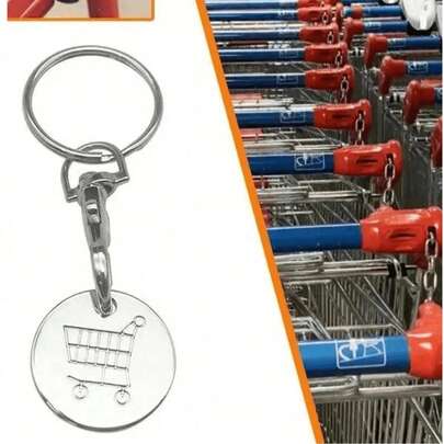 1pc Metal Shopping Cart Token Keychain, Reusable Trolley Coin Keyring With Cart Pattern, Universal Grocery Cart Unlock Tool With Lobster Clasp, Portable , Ideal Gift For Shoppers, Daily Essential, Silver