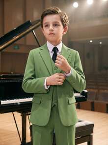 Boys 3 PiecesFormal Suit Set Blazer&Vest&Pants Classic Slim Fit Comfortable Style Outfit Perfect For Wedding Birthday Party Family Holiday Occasions - Green - View 6