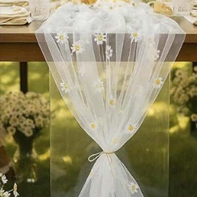 1pc White Sheer Embroidered Table Runner | 100% Polyester Rectangular Dining Decor For Christmas, Brown Tree Day, Kitchen & Party Settings, Elegant Table Accessory, Delicate Texture, Intricate Embroidery