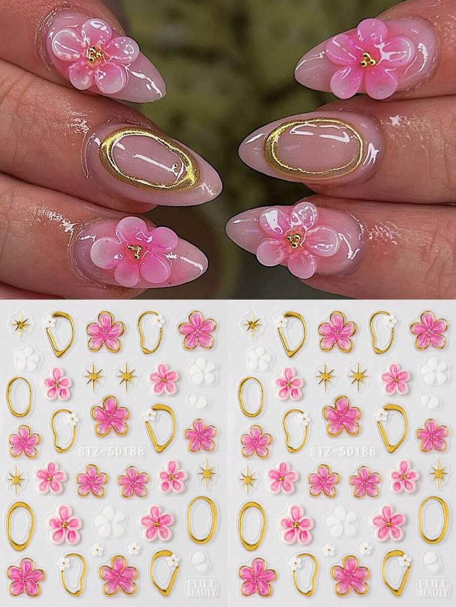 2 pièces Autocollants d'art pour ongles 5D gaufrés et dorés avec motif de fleurs de cerisier de style français. Fleurs tropicales et pétales pour la décoration des ongles et la manucure - Multicolore - Voir 1