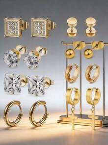 8 Pairs Fashionable & Elegant Stainless Steel Earring Set, Available In Multiple Colors, Suitable For Daily Wear Or Parties, Can Be Gifted To Friends And Family - 8 Pairs Of Earrings - View 10