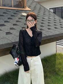 Áo khoác cardigan mỏng màu đen, dáng ôm ngắn, chất liệu mềm mại, ngọt ngào, thích hợp cho bé gái, mùa hè. - màu đen - Xem 3