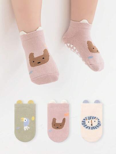 3 Pairs New Cartoon Animal Coated Socks, Children Floor Socks, Toddler Crawling Indoor Socks