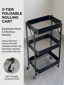 1pc Foldable 3-Tier Rolling Storage Cart, Mobile Organizer Rack For Kitchen, Bathroom - View 2