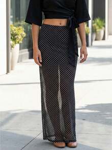 Women's Summer Sheer Long Skirt Black Low Waist Dot Print Slim Fit Skirt For Travel, Beach, Shopping - Black - View 1