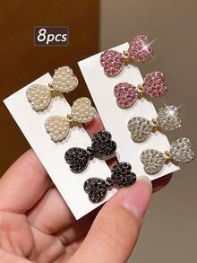 4/8pcs Delicate Mini Colorful Rhinestone Bow Hair Clips, Suitable For Side Bangs, Fringe, Gifts For Girlfriend, Suitable For Back To School, Dates, Beach Vacations, Daily Commute, Practical And Stylish Hair Accessories - Multicolor - View 10