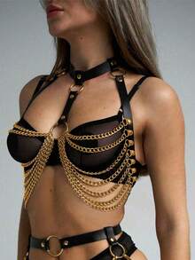 1 Dây đeo phụ kiện màu tối thời Phục Hưng phong cách Gothic dành cho nữ kèm dây xích nhiều lớp, thích hợp cho tiệc Halloween hoặc kết hợp trang phục hàng ngày - màu đen - Xem 1