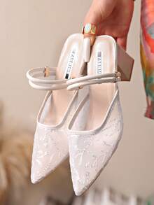 Giày sandal cao gót quai ngang mắt cá chân, mũi kín, đính đá lấp lánh, kiểu dáng thời trang mùa hè mới dành cho nữ. - trắng - Xem 5