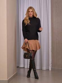 Women's Knitted Sweater With Braided Detail, High Neck, Long Sleeves, For Winter. Women's Winter Sweaters, Casual Everyday Wear, Elegant Women's Sweaters. - 黑色 - 查看 2