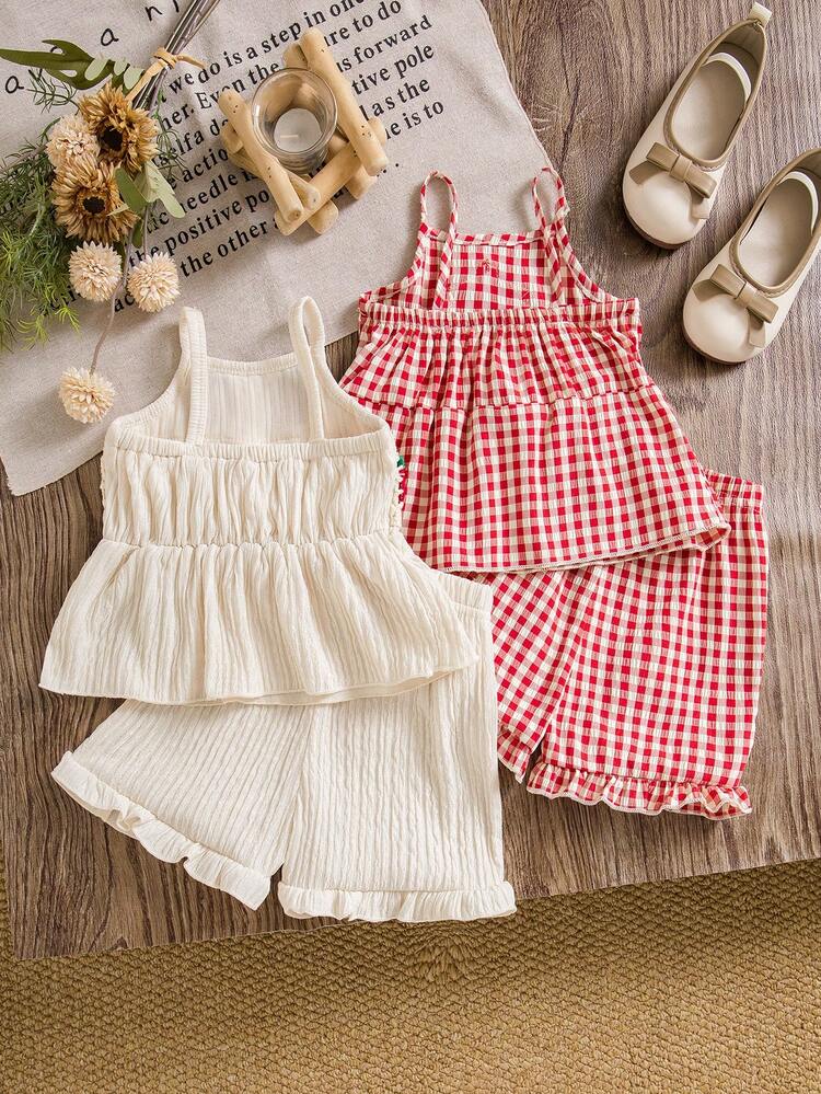 4pcs Baby Girls' Summer New Strawberry Embroidery Solid Hem & Colorblock Strawberry Crochet Camisole And Pants Casual Fashion Set - Multicolor - View 2