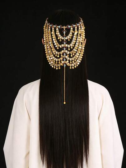 Boho Vintage Coin Tassel Head Chain, Enamel Layered Forehead Headpiece, Exotic Belly Dance Festival Hair Jewelry For Women