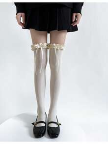 Cute Lace Ribbon Bow Thigh High Socks, Autumn Grey Velvet Elastic Over-The-Knee Stockings For Women - Multicolor - View 3
