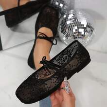 Lace Mesh Mary Jane Flats For Women Square Toe Breathable Bowknot Ballet Casual Summer Party Shoes Sandals - 黑色 - 查看 9