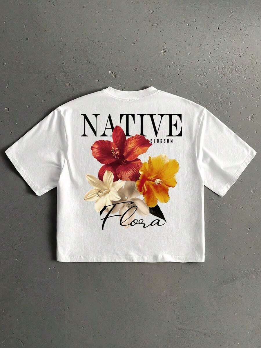 Manfinity Roghcode Men's Ink Floral Handwritten Font Casual Print Standard Fit Cropped Loose Short Sleeve T-Shirt,Black And White,Summmer,Streetwear,City Break Gift - 白色 - 查看 1