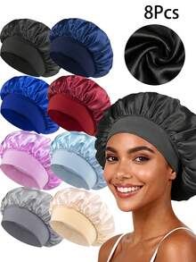 Awegeo 8 件装女士缎面睡眠帽，宽弹力带双层双面发帽，丝滑触感，适合卷发，夜间护发及日常佩戴 - 彩色 - 查看 7