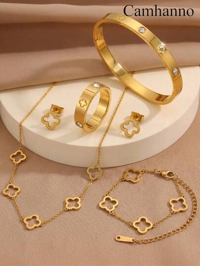 Camhanno 6/2/1 Piece Set Exquisite Stainless Steel Jewelry Set, Suitable For Work Or Party To Highlight Your Style. Delicate Hollow Clover Chain And Engraved Bracelet Design, An Ideal Gift For Fashion Lovers And Friends. Busy Professionals Can Easily Transition From Work To Dinner.