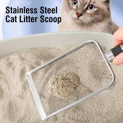 宠物猫粪铲长柄不锈钢金属铲，带猫砂过滤功能，可铲除猫砂、垃圾等杂物，是宠物清洁的理想工具。适用于清理宠物粪便、外出散步等场合。镂空设计方便易用，精细的镂空设计可轻松过滤沙砾，使清洁更加便捷。采用不锈钢材质，坚固耐用，不易变形。