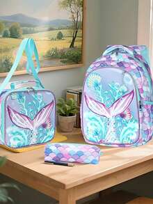 Astronaut & Mermaid Pattern Backpack Set, Cartoon Style, Large Capacity Backpack, Adjustable Shoulder Straps, Multi-Compartment, Insulated Lunch Bag, Carry Handle, Clutch, Backpack Set, Unisex, Suitable For Vacation, Back To School, Daily Commute, Various Festivals, Holiday Gift - Rectangle - View 4